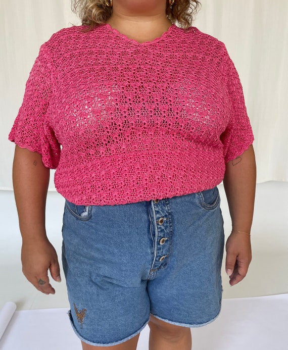 Hot Pink Crochet Vintage Plus Size Top 90's Plus … - image 3