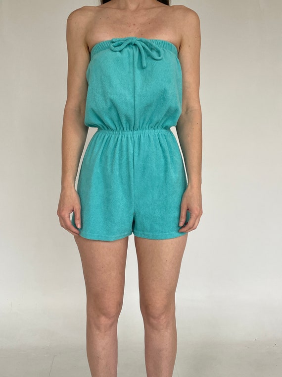 70's Blue Terry Cloth Romper Vintage Towel Romper 