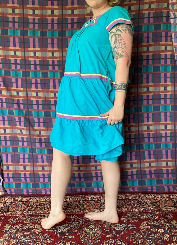 80's Turquoise Pink + Yellow Cotton  Babydoll Sty… - image 4