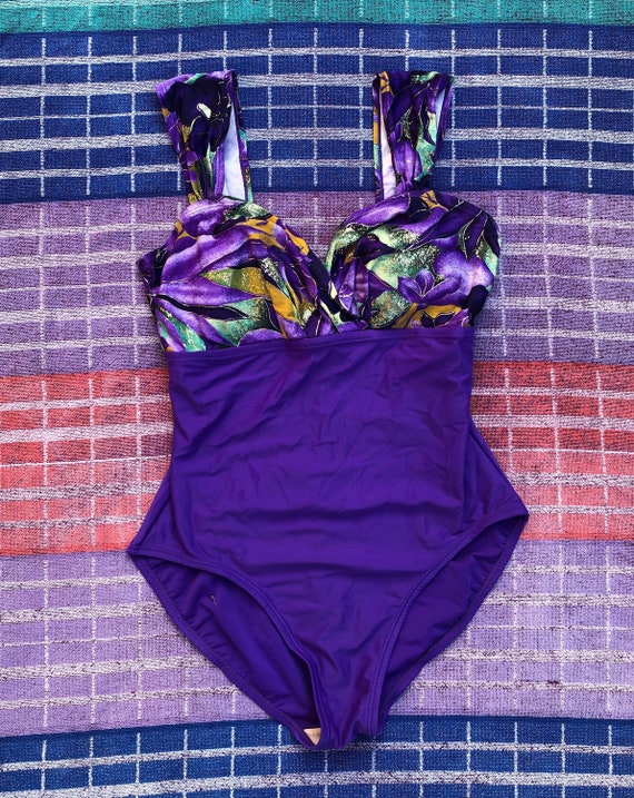 80's Purple & Gold One Piece Swimsuit Vintage Swi… - image 1