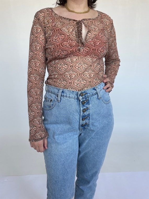 Y2K Rose Print Sheer Pullover Vintage Top// S-M - image 3