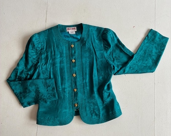 Vintage Blue Green Silk Blazer w Gold Buttons Jewel Tone Vintage Silk Light Jacket Size Small 80’s Vintage 90’s Vintage Womens Vintage