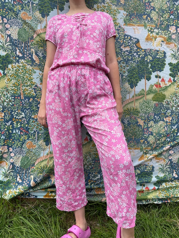 90's Pink Flower Power Hand Made Loungewear Set , 