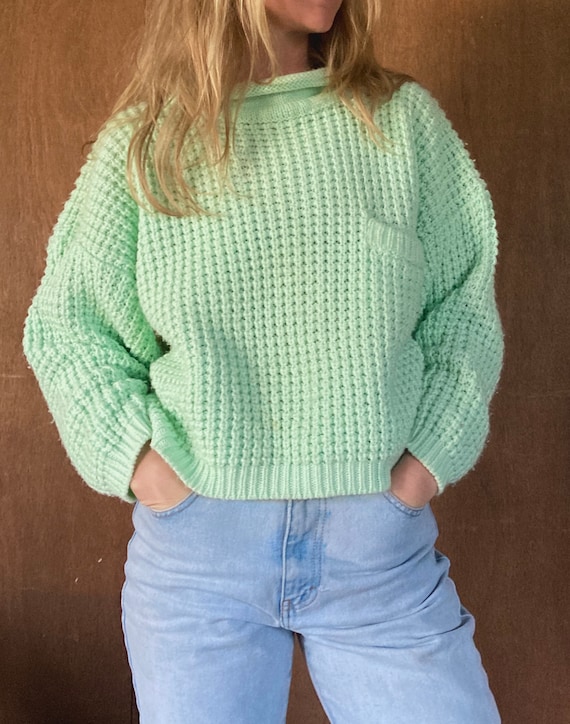 Chunky Knit Mint Cropped Sweater w Front Pocket//S