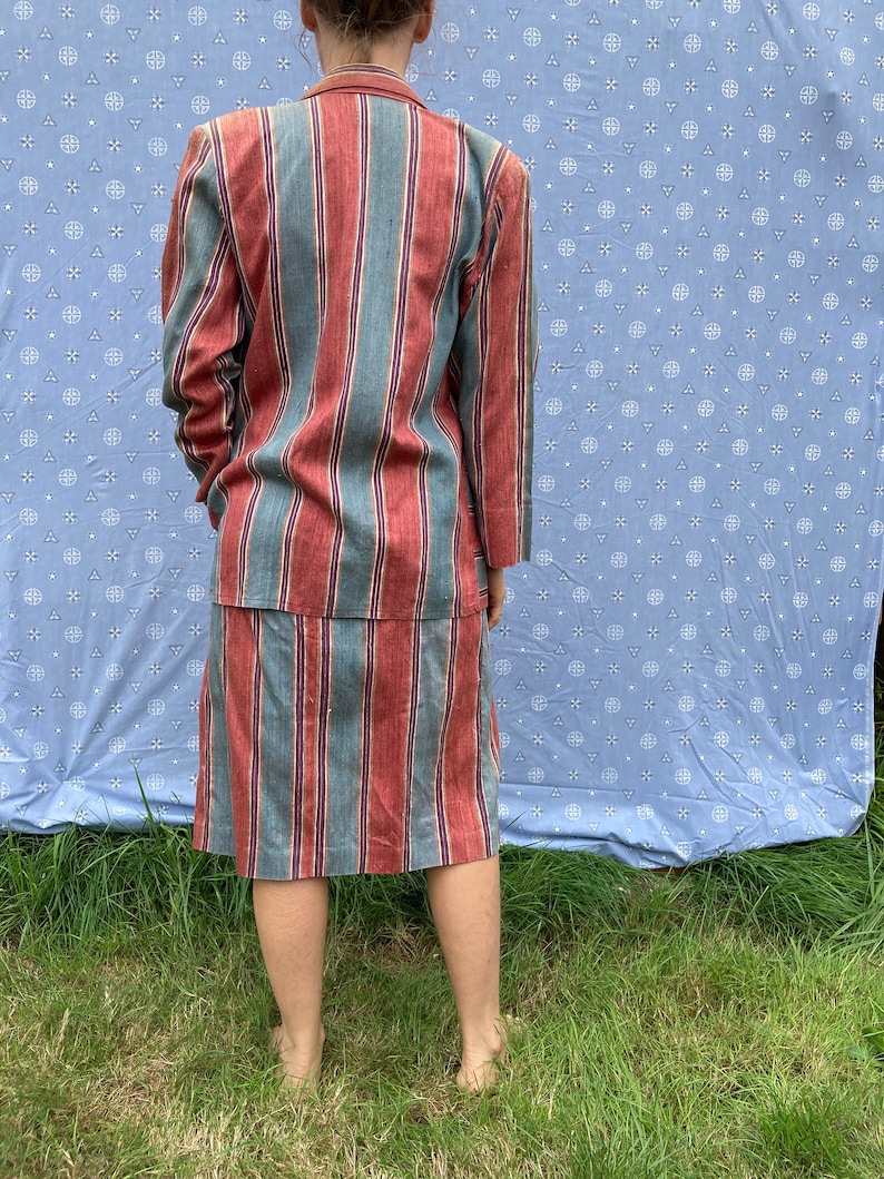 Two Piece Raw Silk Vertical Stripe 70's Vintage Suit, Skirt and Blazer // XS-S image 6