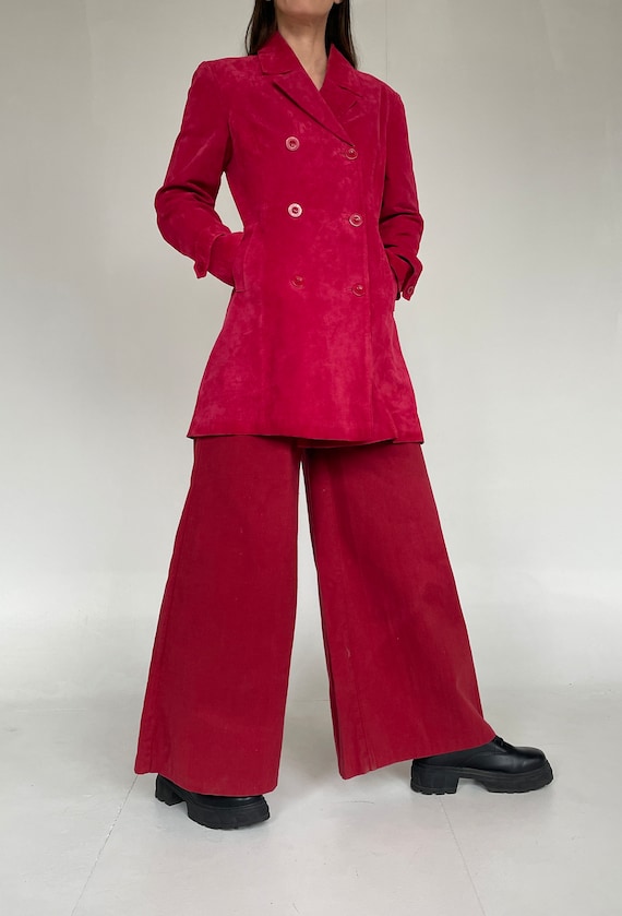 90's / Y2K Vintage Red Suede Peacoat Leather Jacke