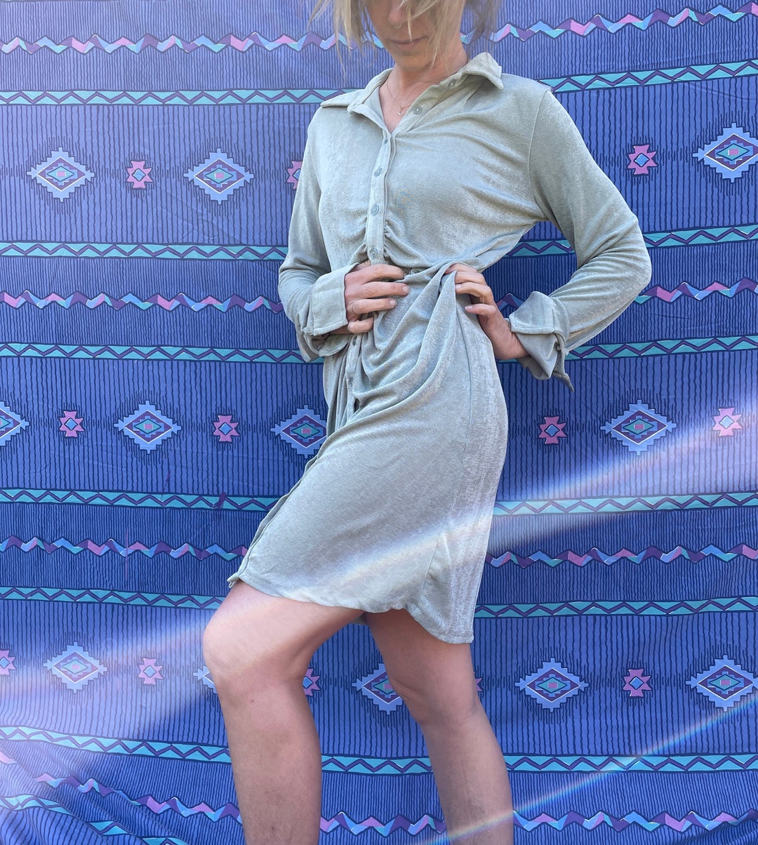 Slinky 90 s Mini Dress Shirt Dress Iridescent Light Blue 90 s Vintage 