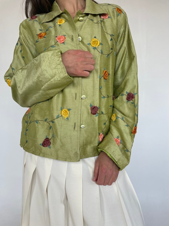 90's Silk Rosette Details Green Jacket Size Large 