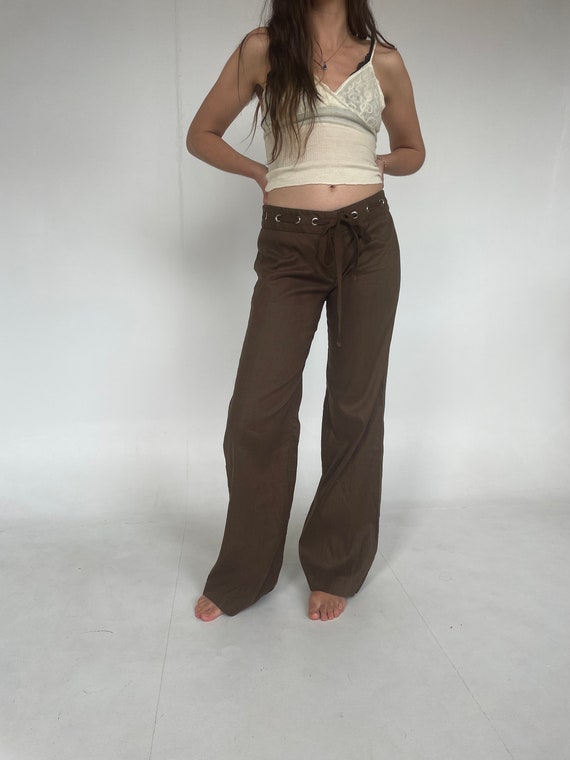 Y2K Low Rise Brown Linen Pants w Hardware Details 