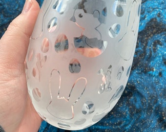 Etched Stemless Wine Glass, Easter Bunny Chick Design