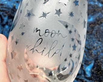 Etched Moon Child Stemless Wine Glass, Starry Design
