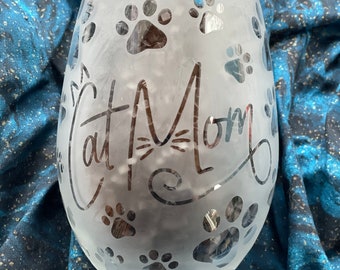 Etched Stemless Wine Glass, "Cat Mom" with Paw Prints, Handmade