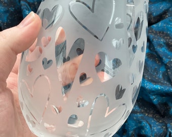 Heart Etched Stemless Wine Glass, Valentine's Gift