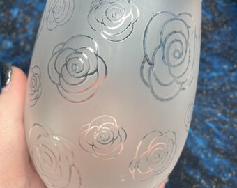 Rose Etched Stemless Wine Glass, Handmade 20oz