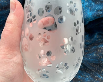 Etched Paw Print Stemless Wine Glass, Pet Lover Gift