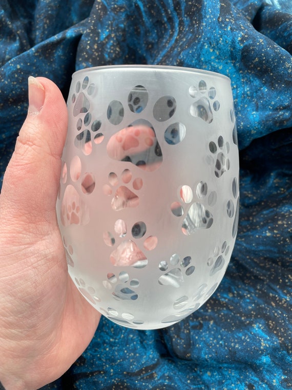 Etched Paw Print Stemless Wine Glass, Pet Lover Gift