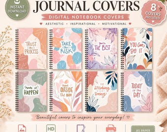 May include: An image showcasing eight pastel journal covers with floral designs and inspirational quotes. The covers feature a spiral binding and are labeled as digital notebook covers. The text includes "Trust the Process," "Take the Risk," and "You Can Do It."