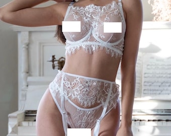 Weiße Spitzen Dessous,Honeymoon Dessous,Braut Dessous,Hochzeit Dessous,Braut Dessous,Spitzen BH,Dessous sehen durch,Schiere Dessous