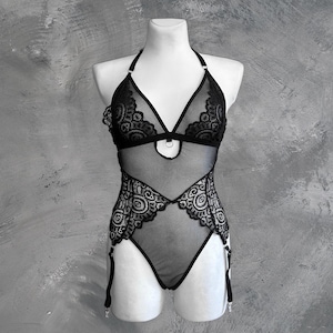 Sheer mesh bodysuit, See through bodysuit, Lace bodysuit, See through babydoll, Lingerie bodysuit, Seductive lingerie, Teddy bodysuit