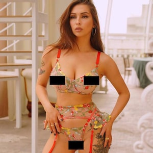 Floral lingerie,Lace lingerie,See through lingerie,Sheer lingerie,Sexy underwear,Womens lingerie,Full lingerie set,Transparent lingerie