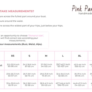 May include: A size chart for clothing with measurements in inches and centimeters. The chart shows the size, girth bust, waist, and hips measurements for sizes XS, S, M, L, XL, and XXL.