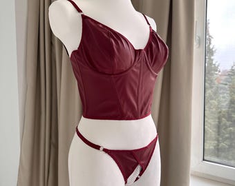 Leather lingerie,Open crotched set,Open lingeries for women,Intimate lingerie