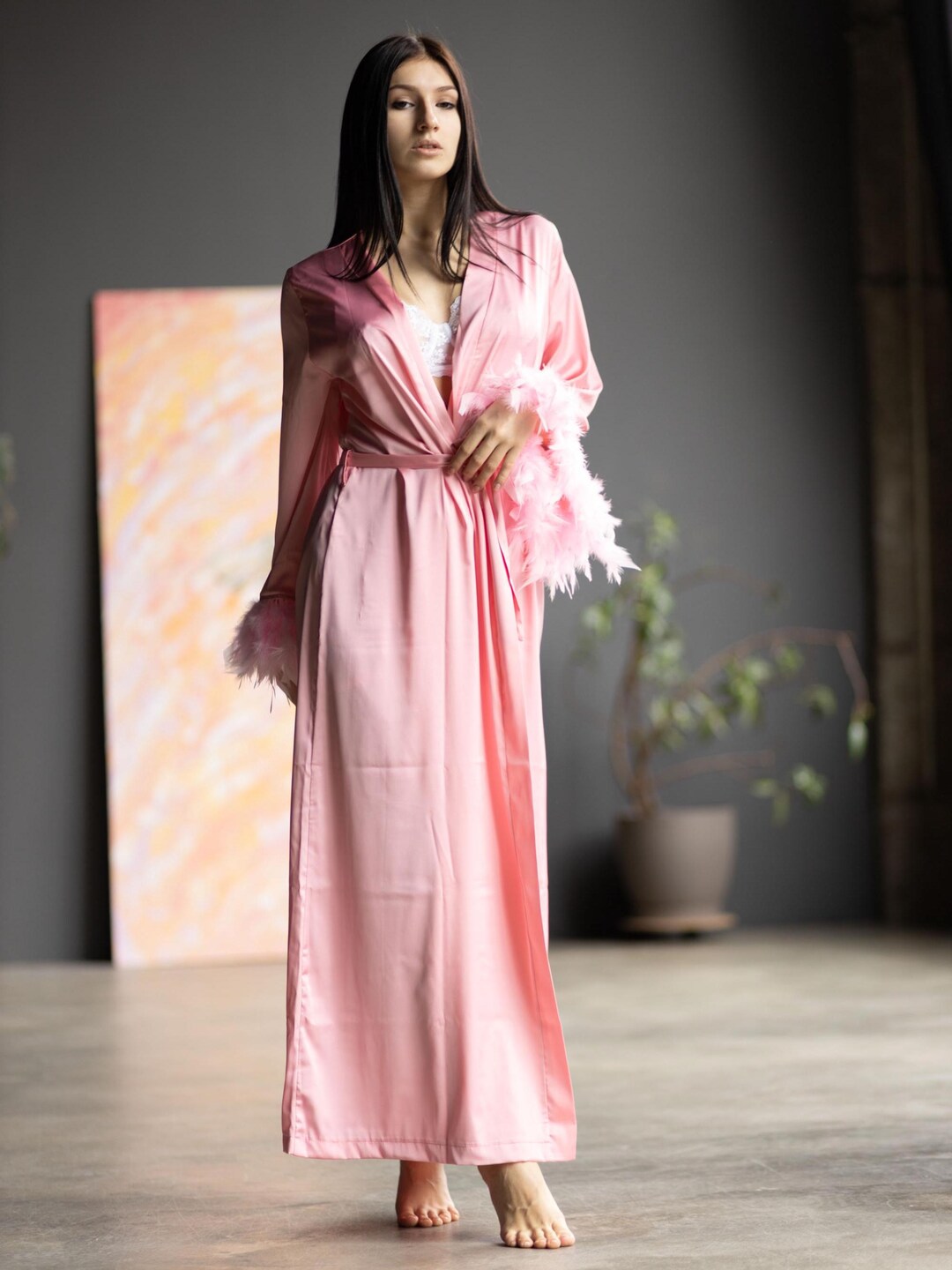 Pink Robe With Feathers, Pink Feather Robe, Long Satin Robe - Etsy