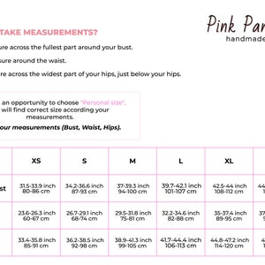 May include: A white graphic with text detailing how to take body measurements for clothing, including bust, waist, and hips. The Pink Panther logo is in the upper right corner, with a size chart below, with measurements in cm.