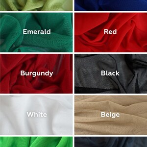 May include: A swatch card displaying ten different colours of mesh fabric. The colours are olive, dark blue, emerald, red, burgundy, black, white, beige, light green, and graphite.