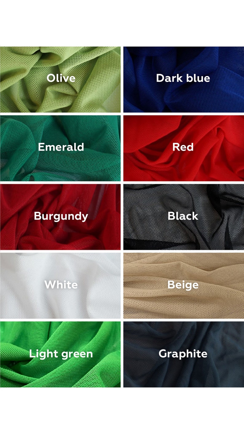 May include: A swatch card displaying ten different colours of mesh fabric. The colours are olive, dark blue, emerald, red, burgundy, black, white, beige, light green, and graphite.