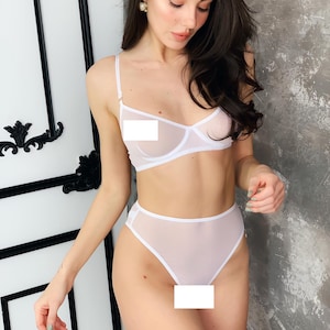 White Bridal Lingerie Set – Sheer Mesh Bra and Panty – Elegant Wedding Underwear for Bride