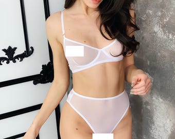 White Bridal Lingerie Set – Sheer Mesh Bra and Panty – Elegant Wedding Underwear for Bride