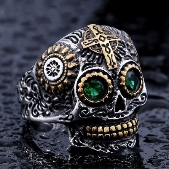 Silver Gold Gothic Cross Skull Green eye Skull Rings Men Etsy