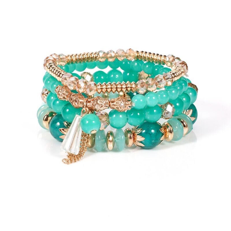 4Pcs I Love You Multilayer Natural Stone Crystal Bangle Beaded Bracelet Jewelry