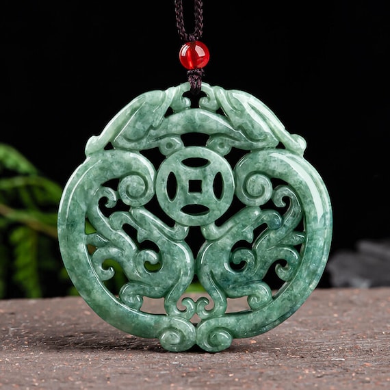 Chinese Natural White Jade Lucky Dragon Phoenix Amulet Pendant Necklace 