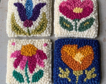 Floral Mug Rugs, Oxford Punch Needle, Rug Hooking flowers