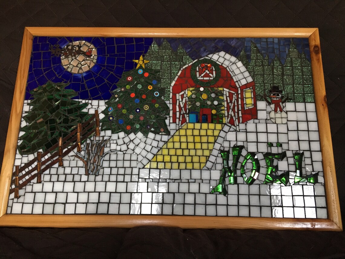 Christmas Large Glass Tile Mosaic Red Barn Snow Santa Handmade  Etsy