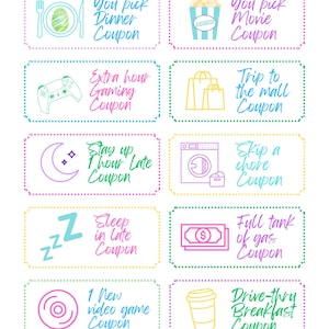 Könnte beinhalten: Eine Reihe farbenfroher Gutscheine mit verschiedenen Designs und Texten. Gutscheine beinhalten "You pick Dinner Coupon", "Extra hour Gaming Coupon", "Stay up 1 hour Late Coupon", "You pick Movie Coupon" und mehr.