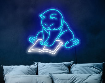 Cat reading book neon sign, Book neon sign, Cat neon sign, Cat led sign, Reading neon sign, Cute cat sign, Reading cat art,Reading cat decor