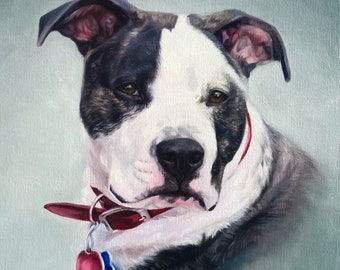 May include: A close-up portrait painting of a black and white pit bull terrier dog wearing a red collar with a tag. The dog has a serious expression and is looking directly at the viewer.