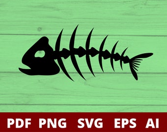 Può includere: Una sagoma nera di uno scheletro di pesce con una testa grande, una colonna vertebrale segmentata con costole sporgenti e una pinna caudale. Il testo PDF PNG SVG EPS AI è visualizzato in bianco nella parte inferiore dell'immagine.