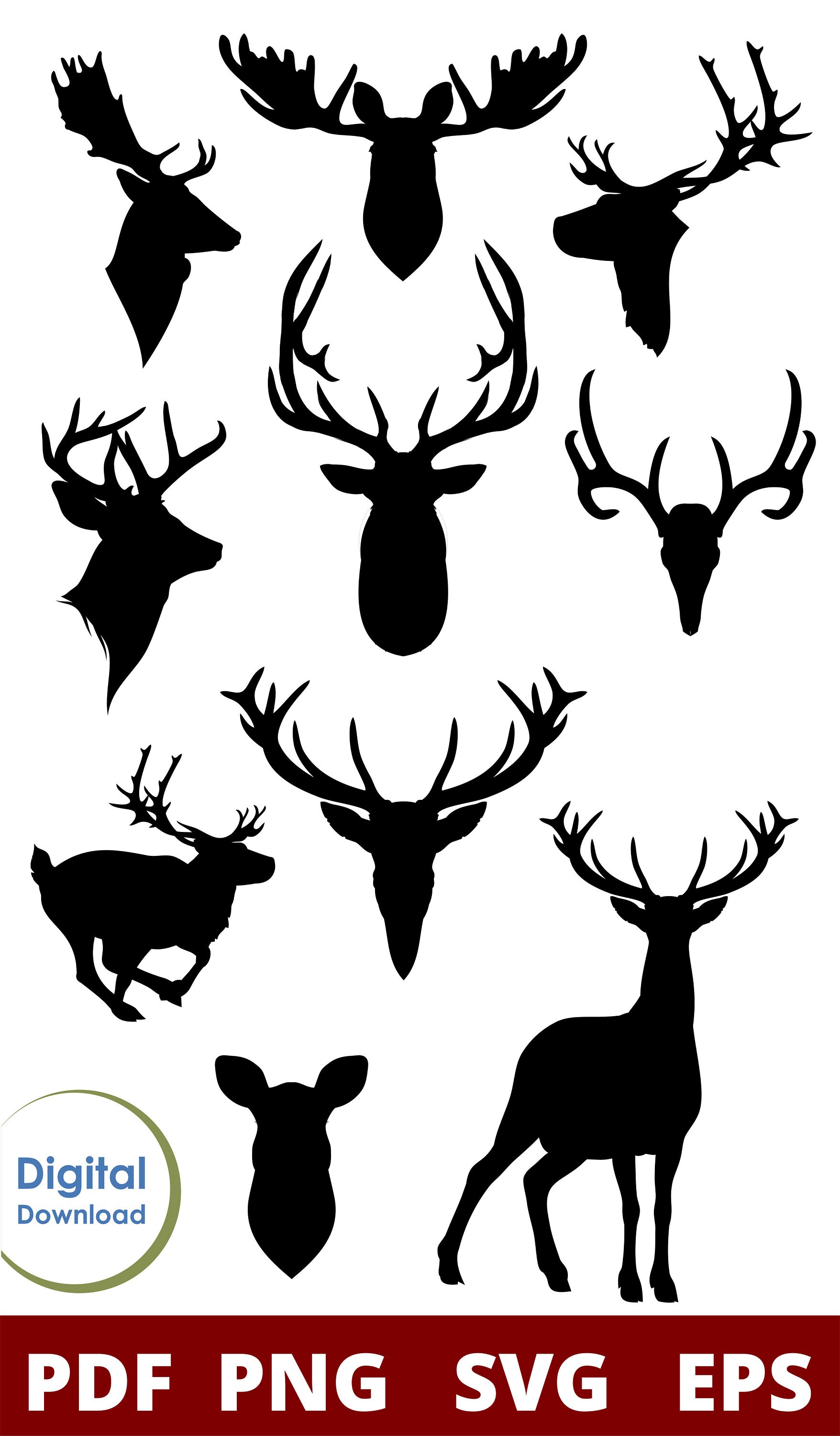 Stags SVG Deer PDF Stags EPS Set of Black Silhouettes Deer | Etsy