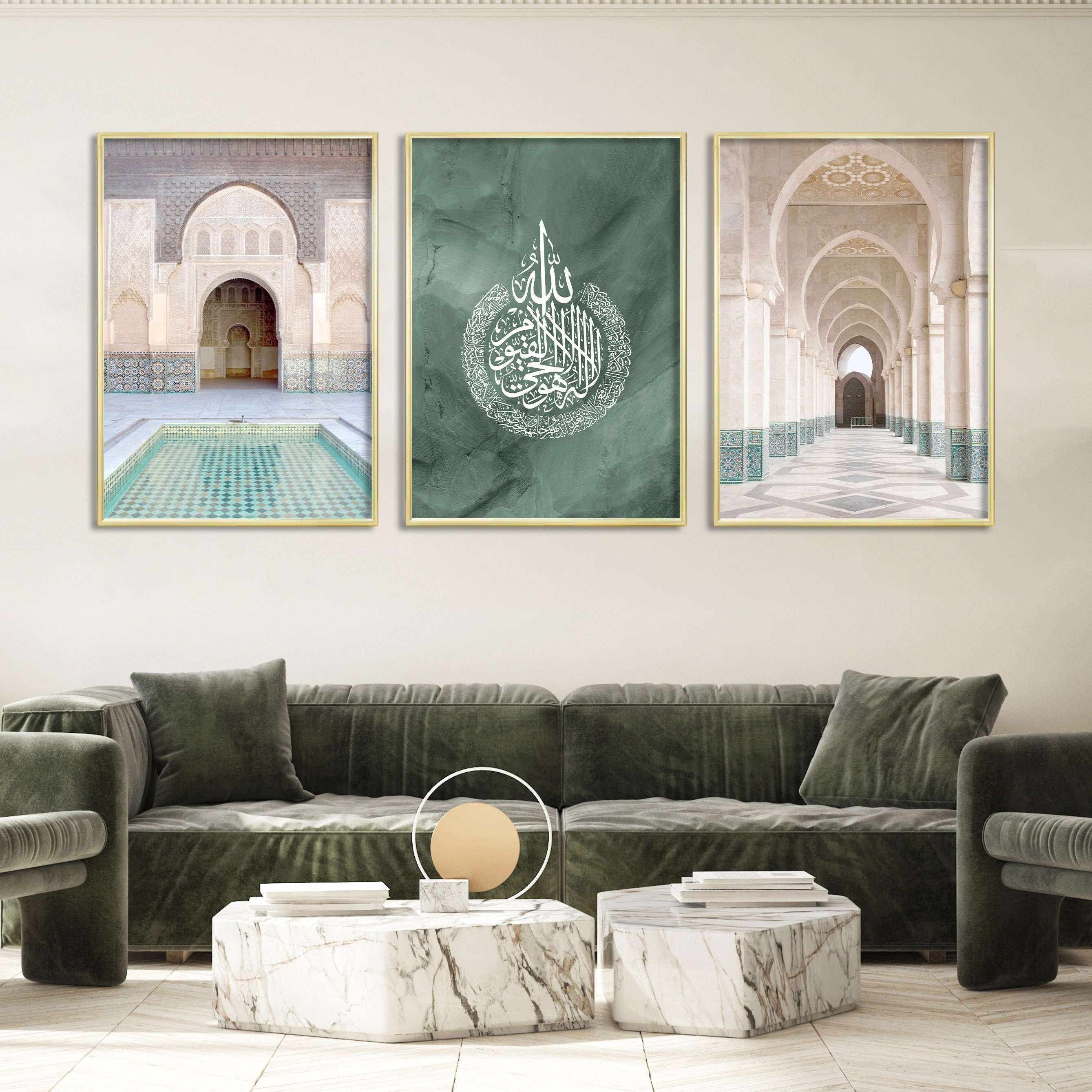 LIANGX Leinwand Poster Bilder Deko Wanddeko,Grüne Blätter Gold Allah  Islamische Wandbilder Set Wohnzimmer Schlafzimmer Home Dekoration leinwand