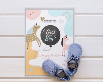 Gender Reveal Baby Shower Invitation | Boho Chic Unicorn Invite  | Download and Fully Editable Gender Reveal Baby Shower Invitations