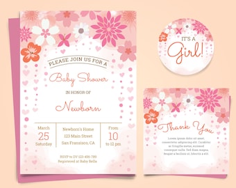 Baby Girl Shower Invitation | It's a Girl Invitation and Thank You Cards Editable | Downloadable and Fully Editable Baby Shower Invitations