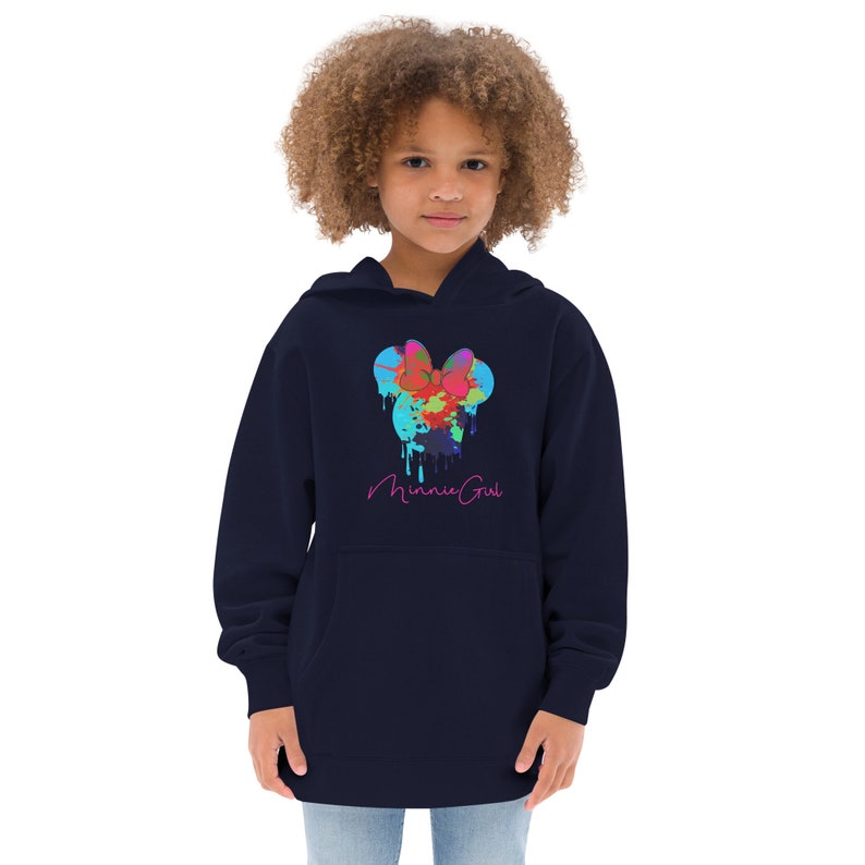 Minnie Girl Drip Logo Girls Fleece Hoodie | Minnie Mouse Inspired Hooded Sweatshirt in Navy