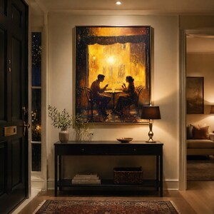 May include: A large rectangular wall art piece depicting two figures seated at a small table in a warm, golden-lit cafe setting. The painting features deep amber and brown tones, showcasing a couple in silhouette against a glowing window backdrop.