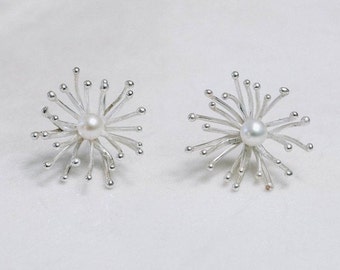 Anemone studs - hand made large sterling silver studs with freshwater pearls