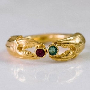 Crab Claw ring - 22ct gold plated sterling silver ring set with an emerald and a ruby