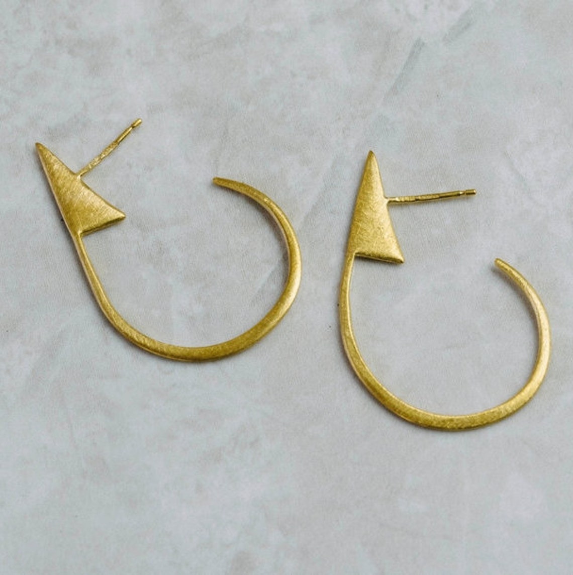 Fish Hook Earring Hoops 22ct Yellow Gold Plated Brushed Sterling Silver